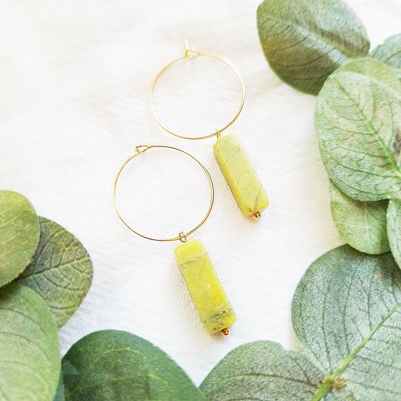 Green Serpentine Gold Hoop Earrings, Minimalist Boho Hoops, Natural Cottagecore - Picture 1 of 9